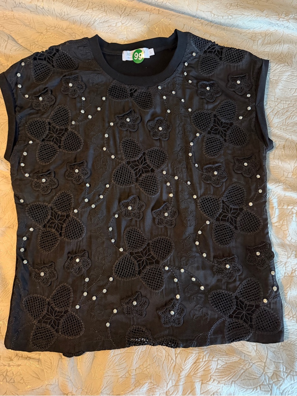 MUY MUY Black Embroidered Floral Top with Rhinestone Accents